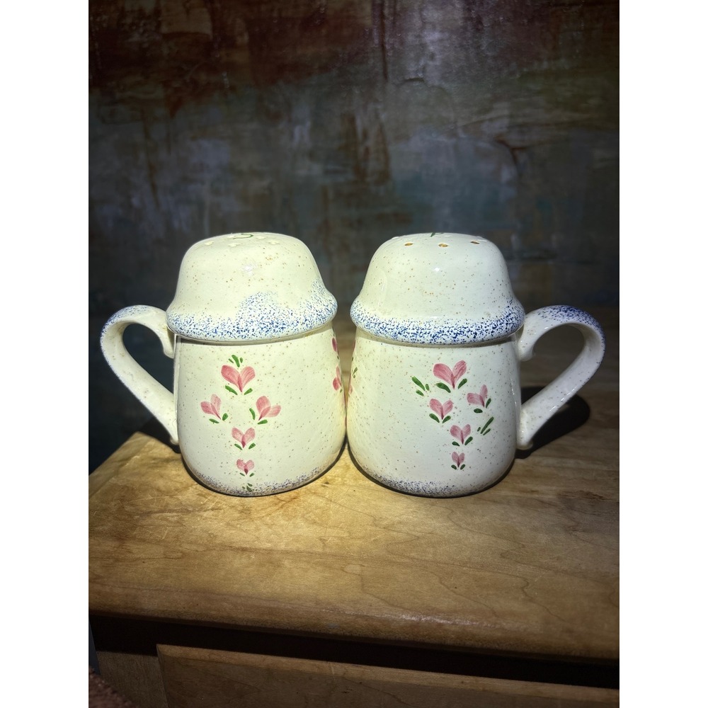 Vintage Ceramic Pro Inc 1994 Heart Salt & Pepper Shaker Set Blue Spongeware